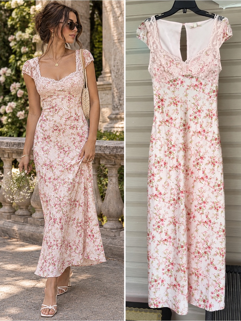 Coquette Thirty Thirty Scalloped Lace Sweetheart Rose Floral Maxi Dress L
